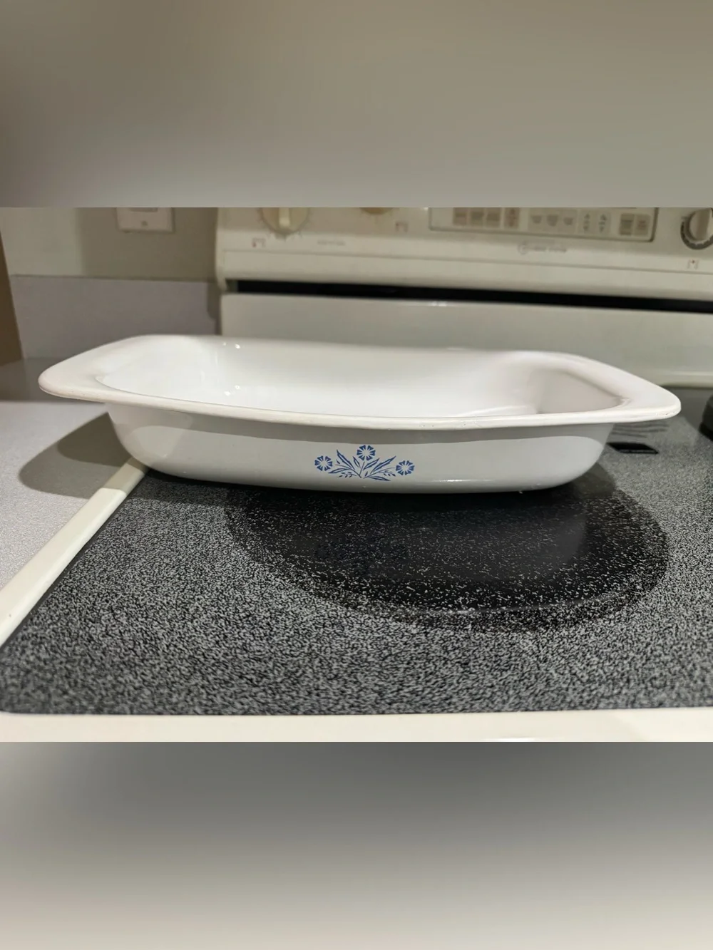 Corningware White Casserole with Blue Floral Pattern